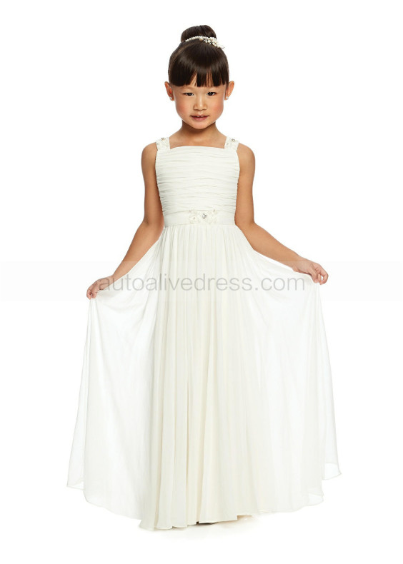 Square Neck Beaded Ivory Pleated Chiffon Junior Bridesmaid Dress